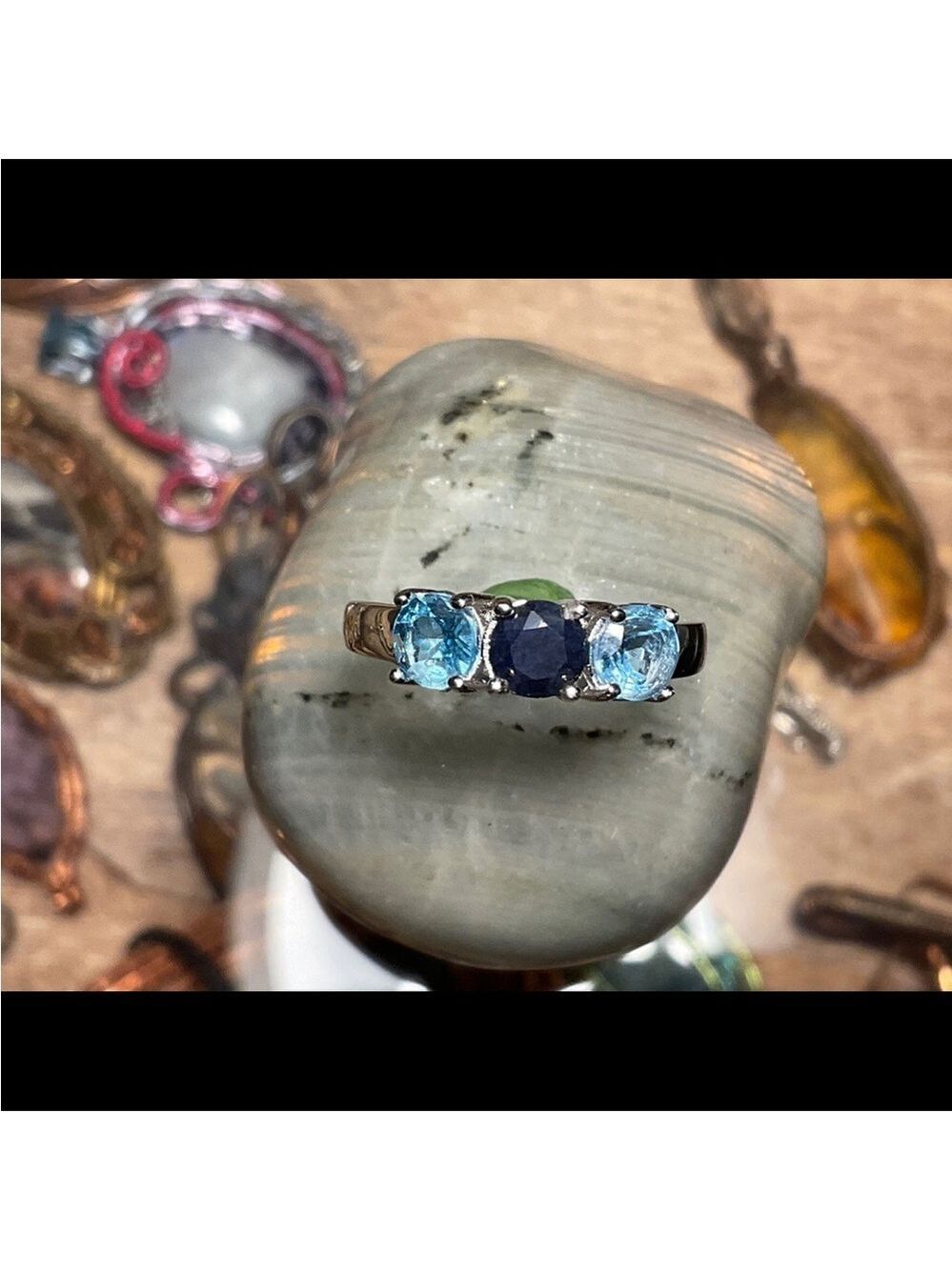 Aquamarine and Sapphire Silver Women's Ring 7